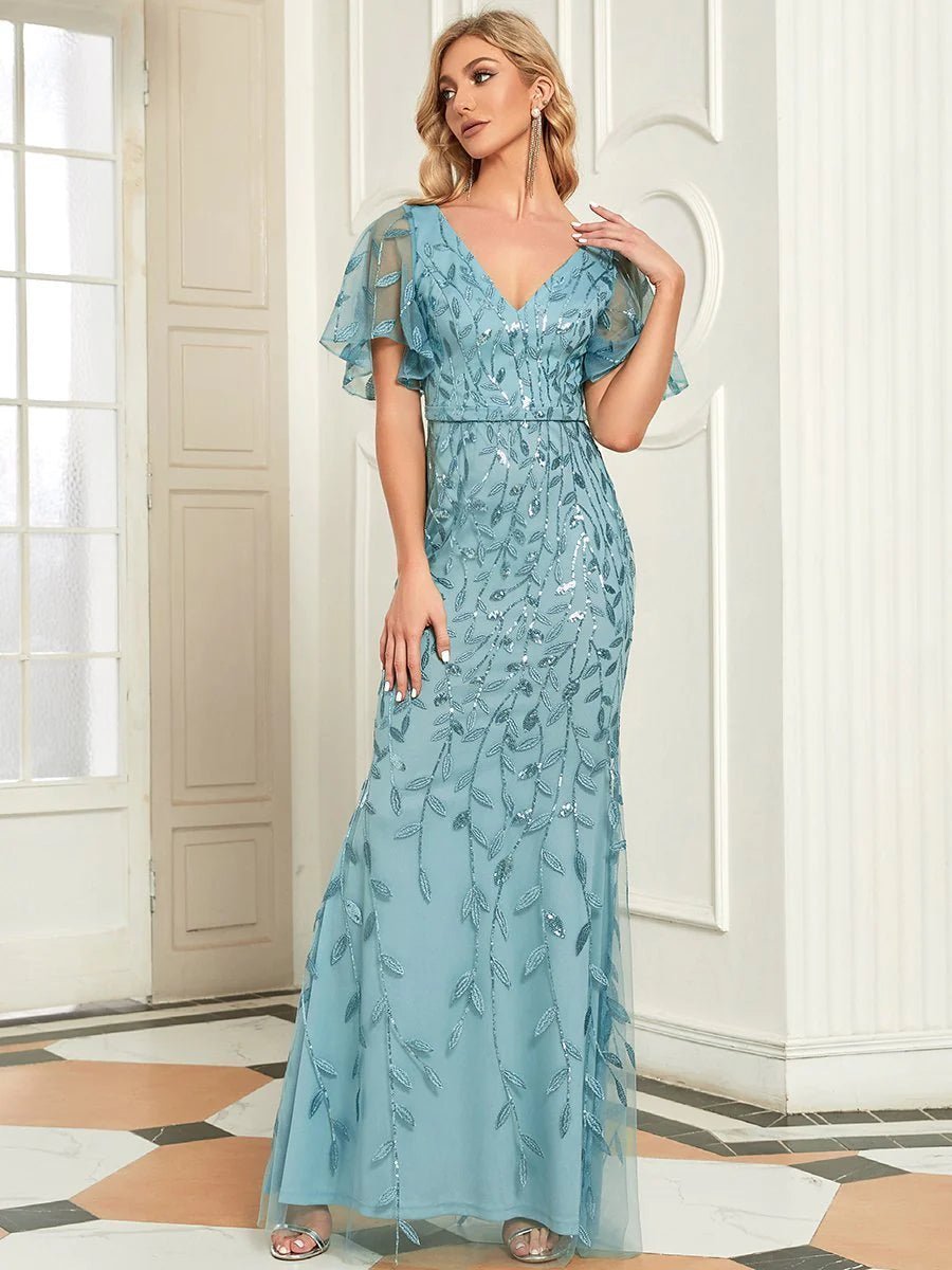 Gorgeous V Neck Leaf-Sequined Fishtail Party Formal Dress - CALABRO®