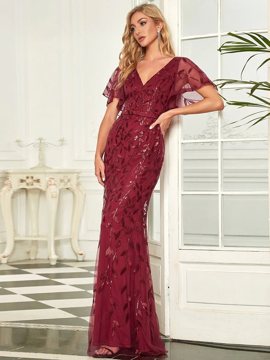Gorgeous V Neck Leaf-Sequined Fishtail Party Formal Dress - CALABRO®