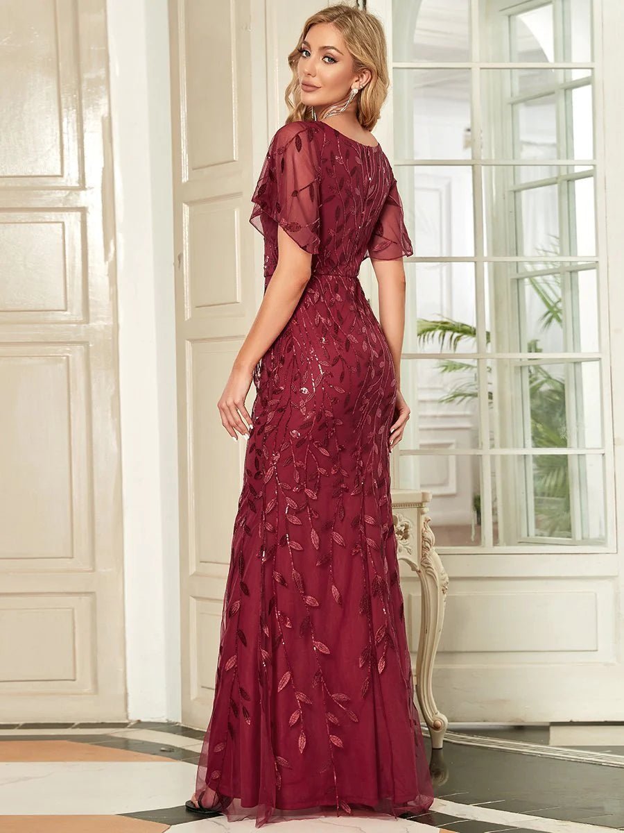 Gorgeous V Neck Leaf-Sequined Fishtail Party Formal Dress - CALABRO®