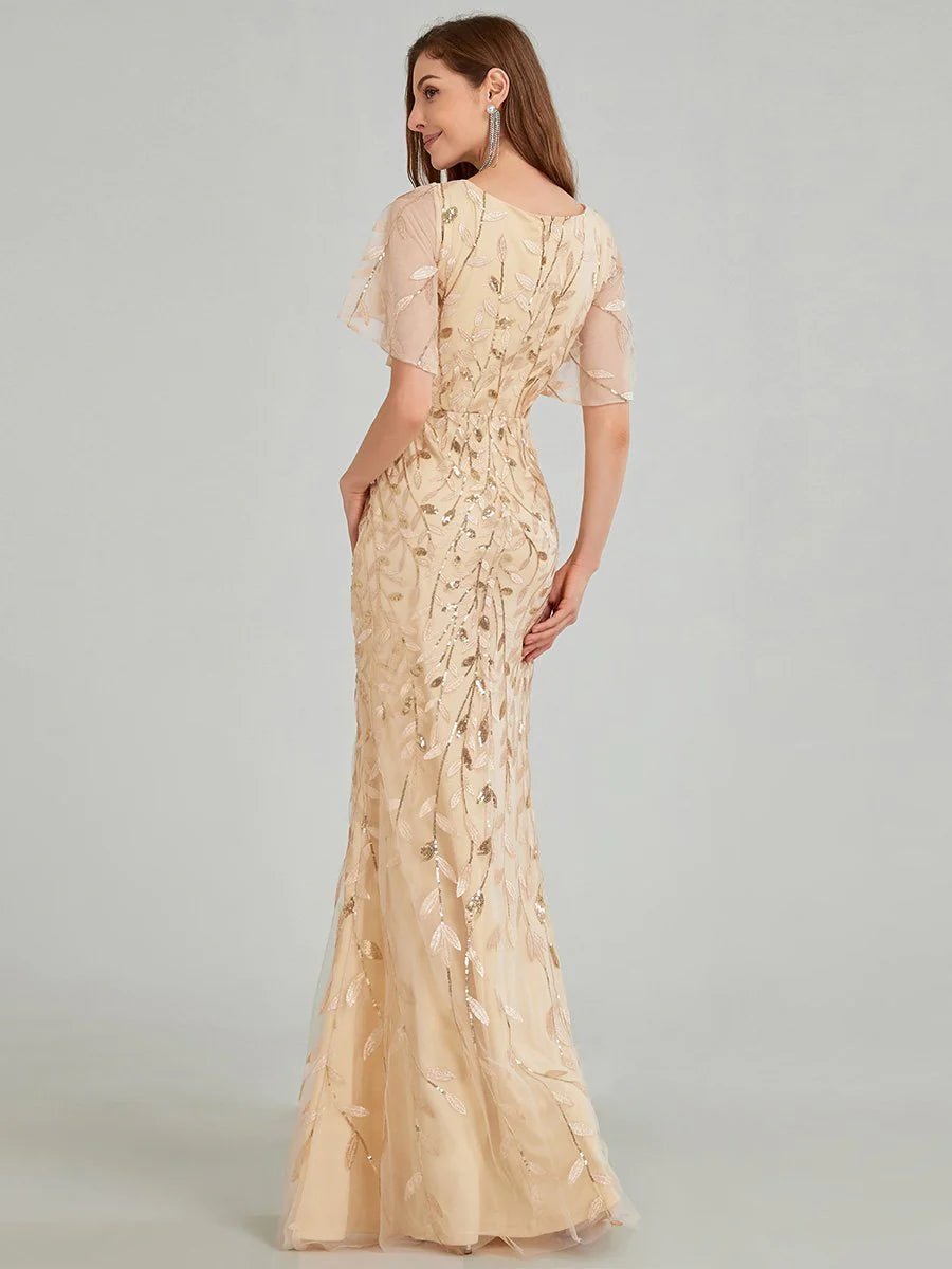 Gorgeous V Neck Leaf-Sequined Fishtail Party Formal Dress - CALABRO®