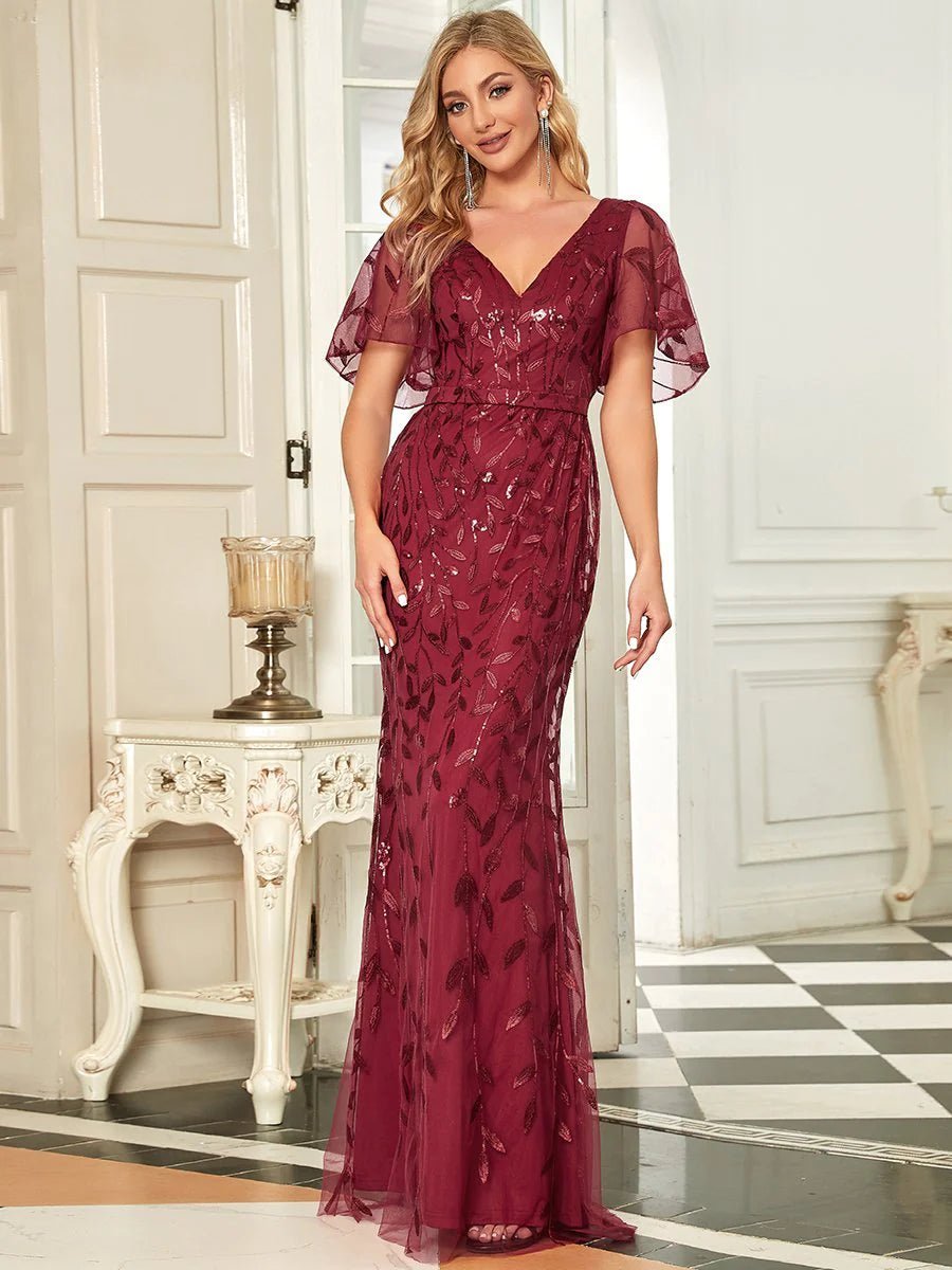 Gorgeous V Neck Leaf-Sequined Fishtail Party Formal Dress - CALABRO®