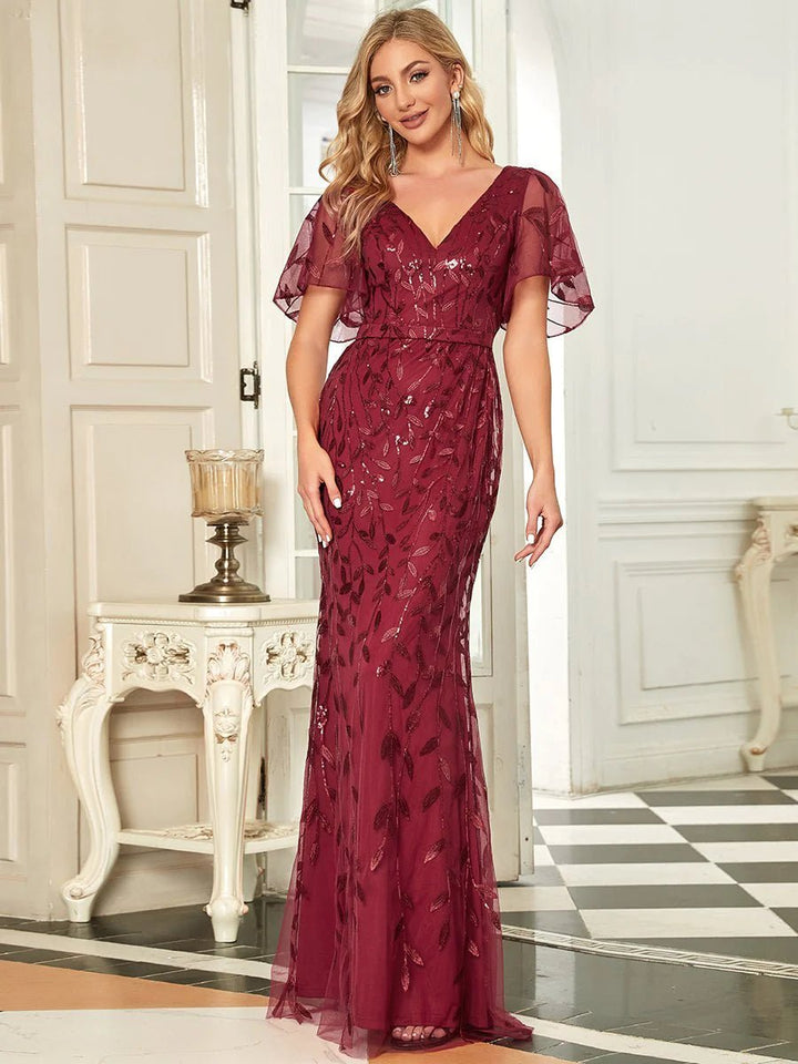 Gorgeous V Neck Leaf-Sequined Fishtail Party Formal Dress - CALABRO®