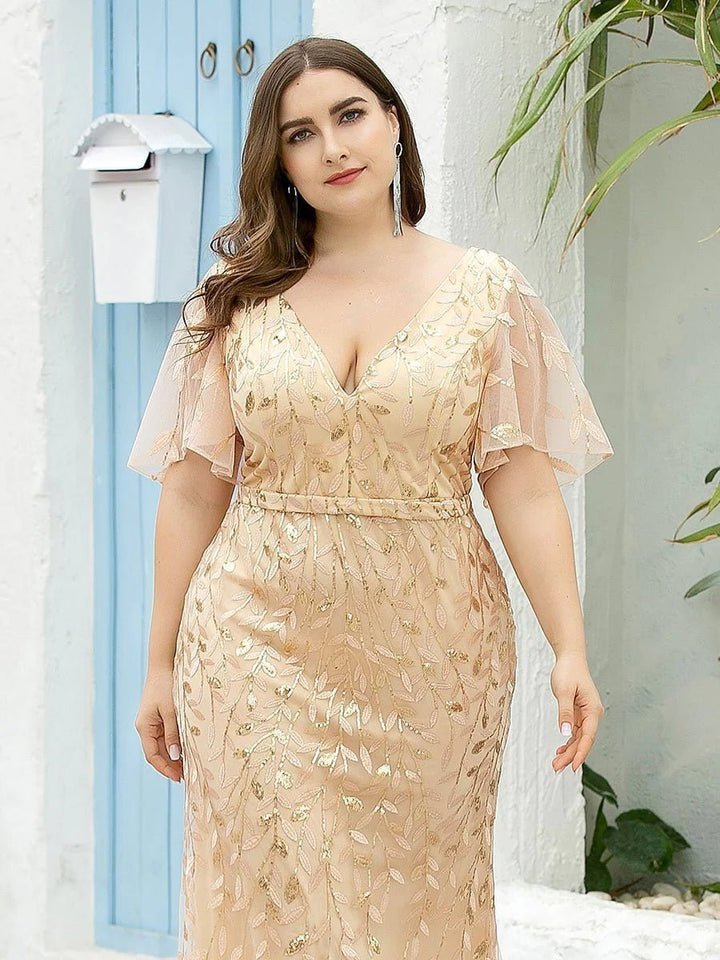 Gorgeous V Neck Leaf-Sequined Fishtail Party Formal Dress - CALABRO®