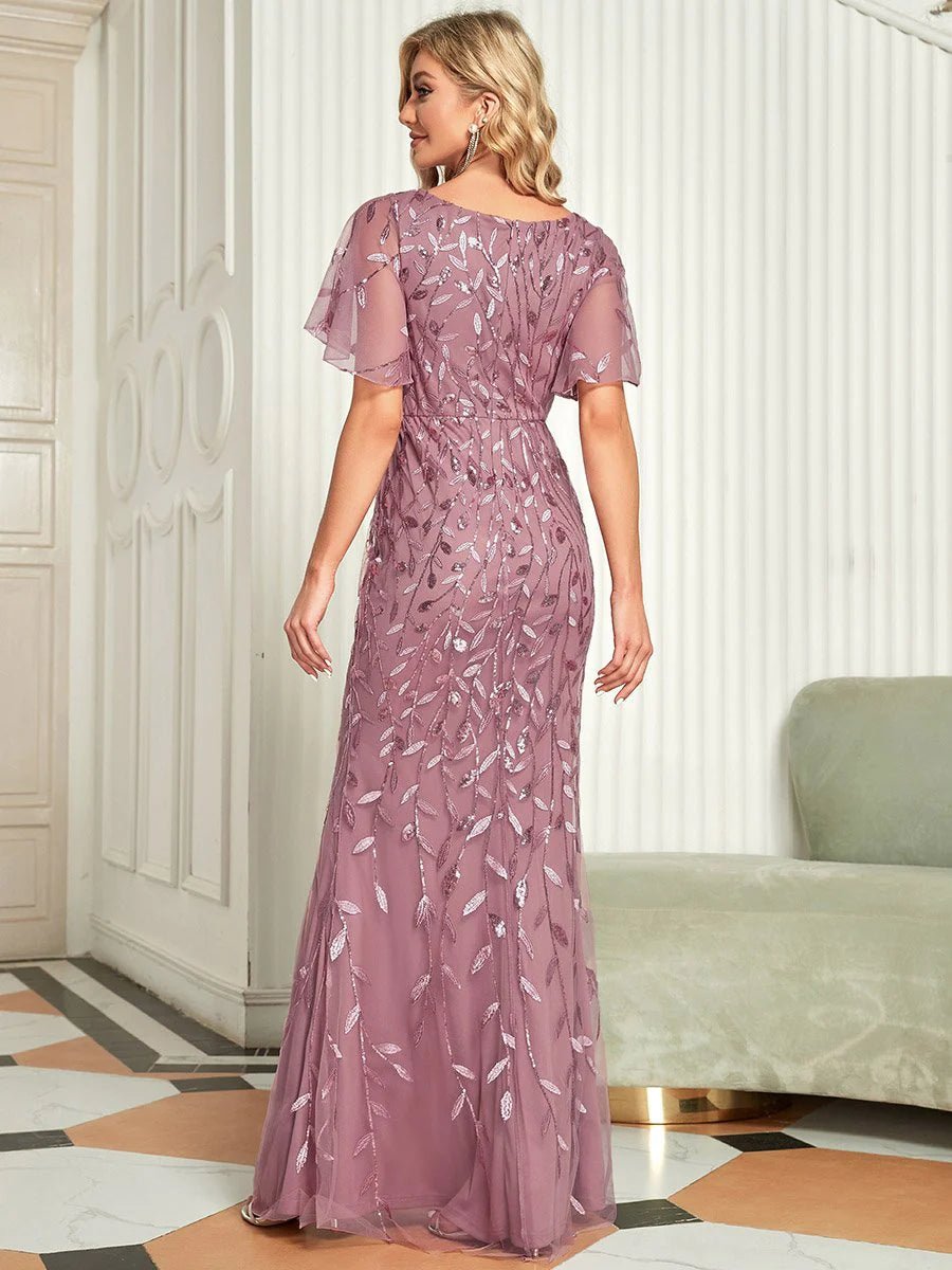 Gorgeous V Neck Leaf-Sequined Fishtail Party Formal Dress - CALABRO®