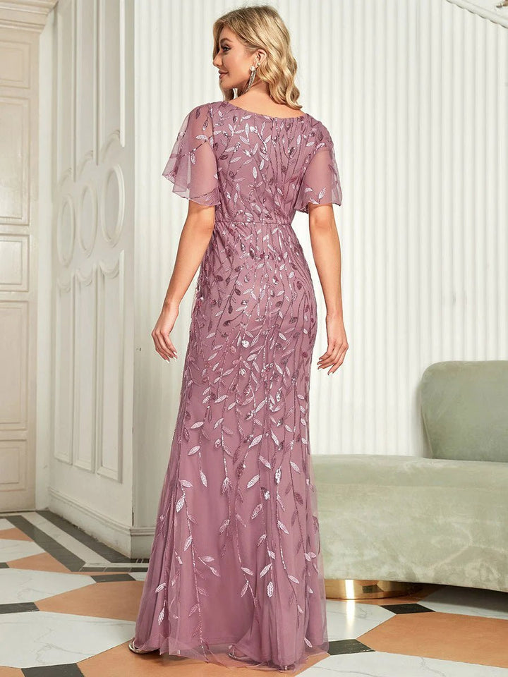 Gorgeous V Neck Leaf-Sequined Fishtail Party Formal Dress - CALABRO®