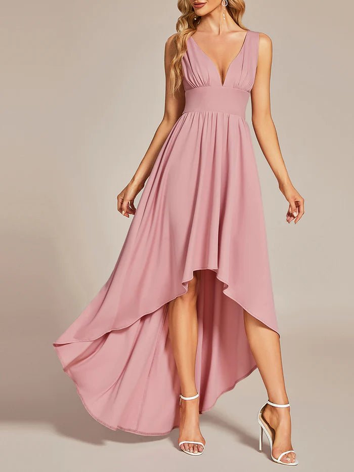 High Low Deep V Neck Sleeveless Bridesmaid Dresses - CALABRO®