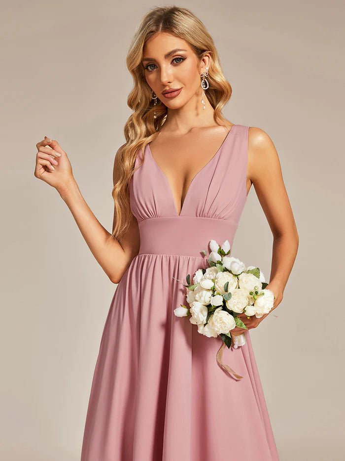 High Low Deep V Neck Sleeveless Bridesmaid Dresses - CALABRO®