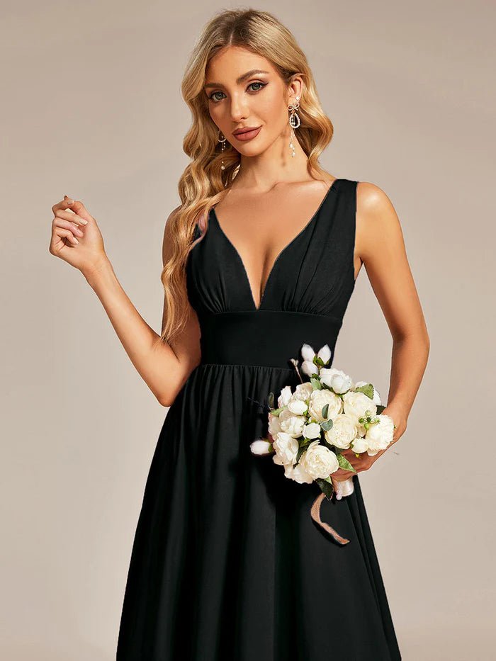 High Low Deep V Neck Sleeveless Bridesmaid Dresses - CALABRO®