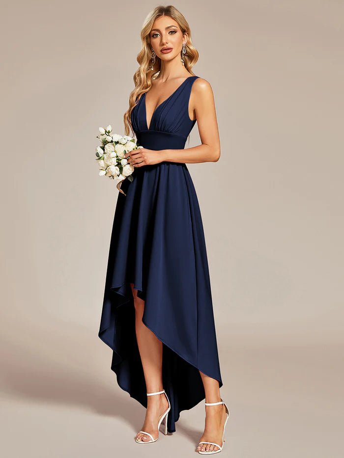 High Low Deep V Neck Sleeveless Bridesmaid Dresses - CALABRO®