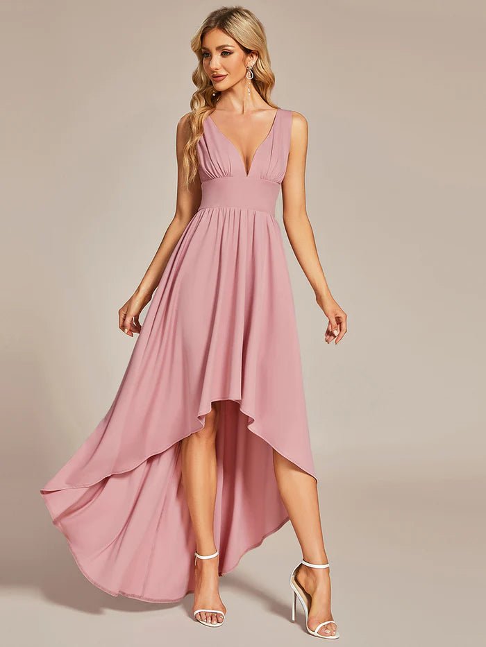 High Low Deep V Neck Sleeveless Bridesmaid Dresses - CALABRO®