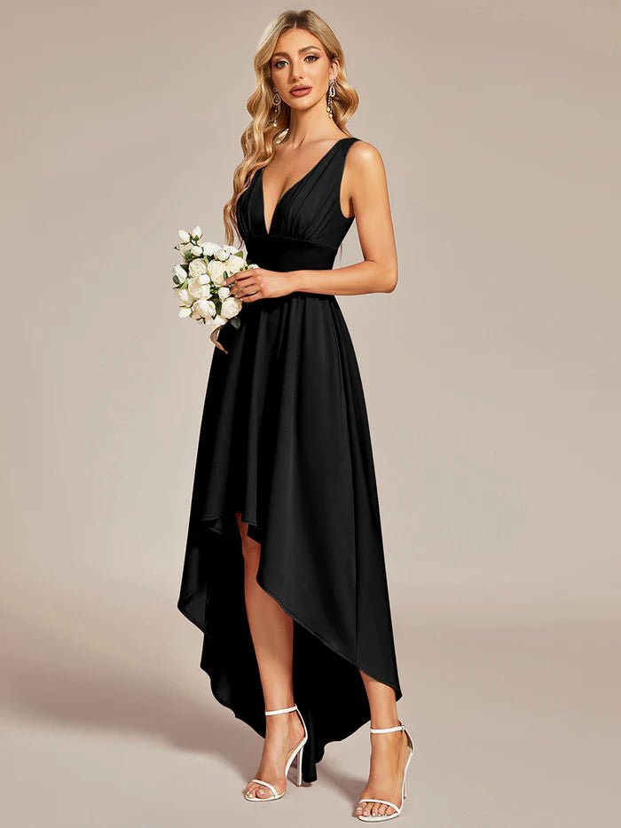 High Low Deep V Neck Sleeveless Bridesmaid Dresses - CALABRO®