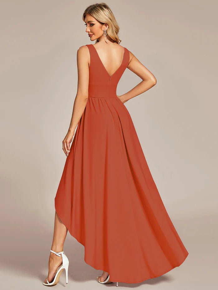 High Low Deep V Neck Sleeveless Bridesmaid Dresses - CALABRO®