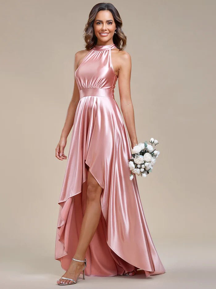 High Low Halter Neck Stain Bridesmaid Dresses - CALABRO®