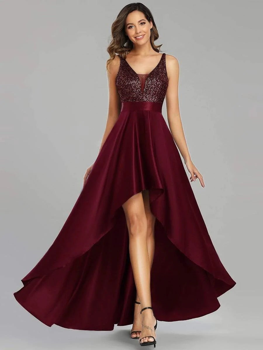 High-Low Sequin Top Satin Formal Dress - CALABRO®