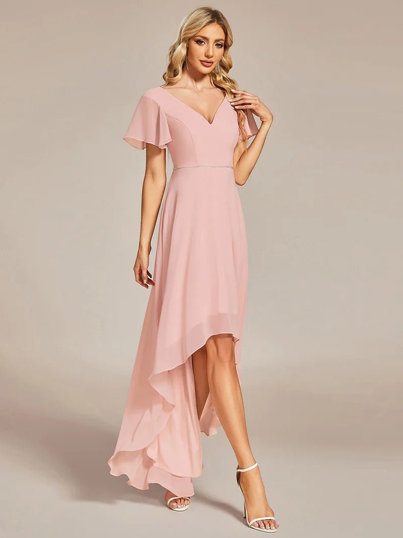 High Low Short Sleeve Chiffon Evening Dresses - CALABRO®