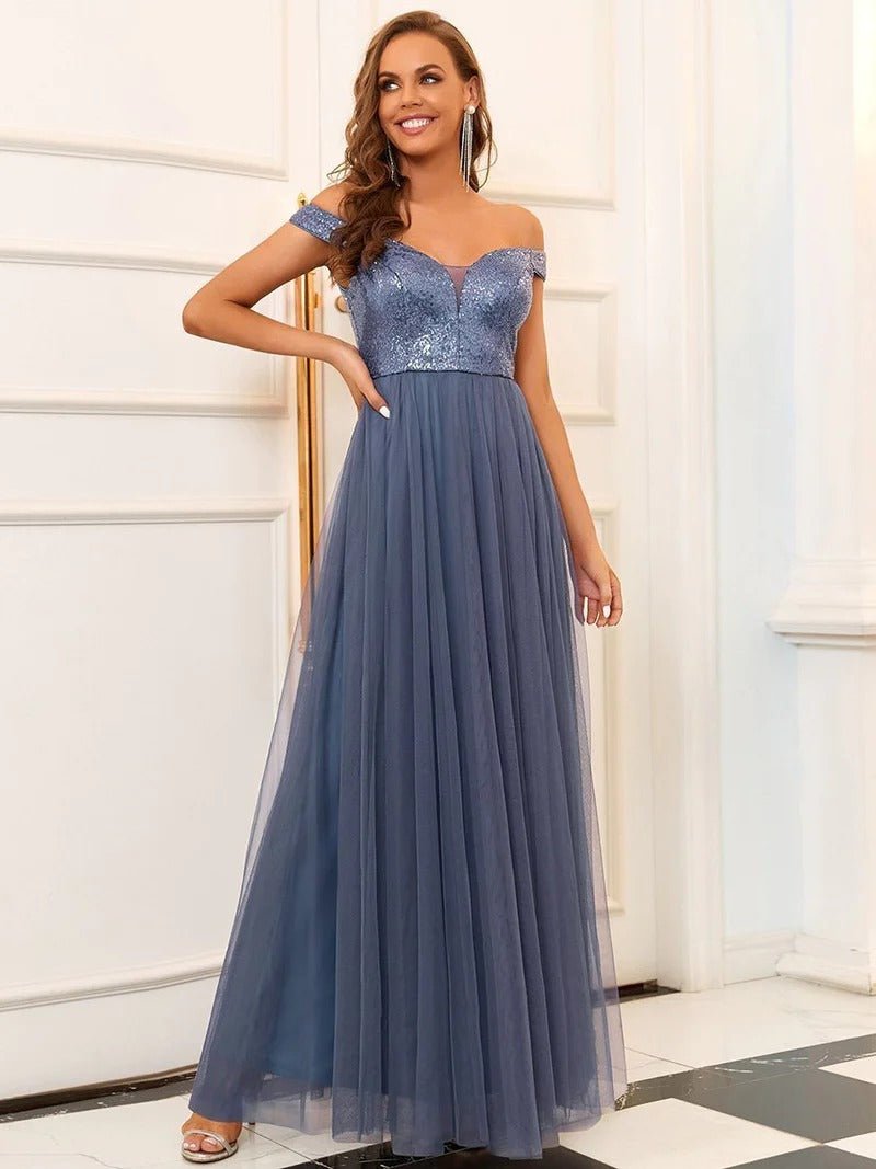 High Waist Tulle & Sequin Sleeveless Evening Dress - CALABRO®