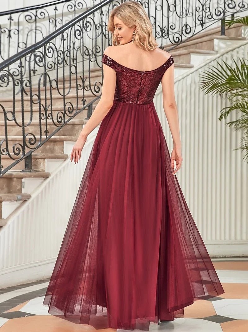 High Waist Tulle & Sequin Sleeveless Evening Dress - CALABRO®