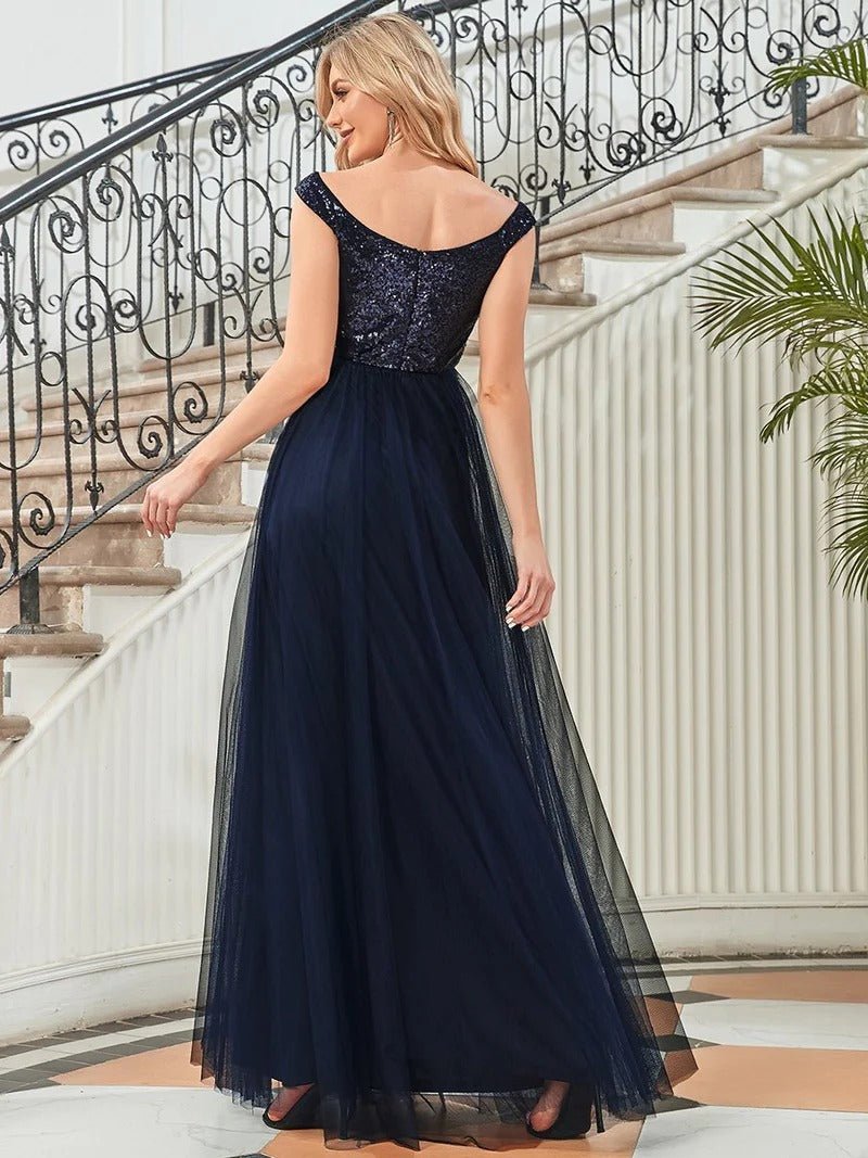 High Waist Tulle & Sequin Sleeveless Evening Dress - CALABRO®