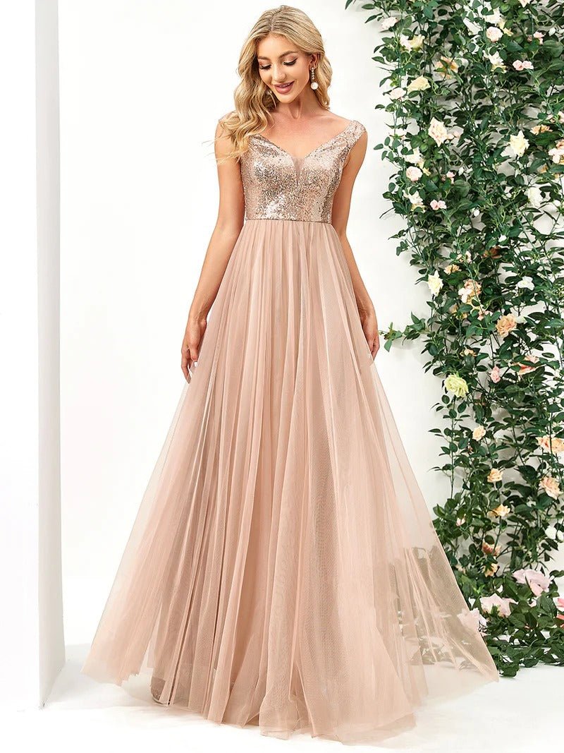 High Waist Tulle & Sequin Sleeveless Evening Dress - CALABRO®