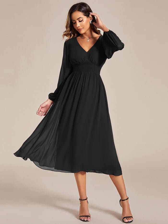 Knee Length Long Sleeves Chiffon Wedding Guest Dresses - CALABRO®