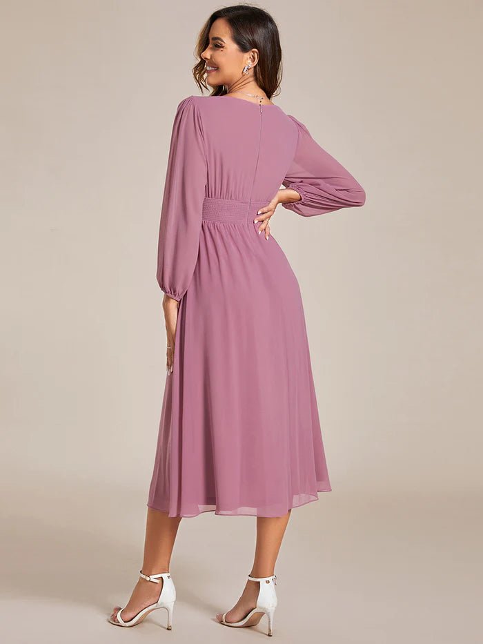 Knee Length Long Sleeves Chiffon Wedding Guest Dresses - CALABRO®