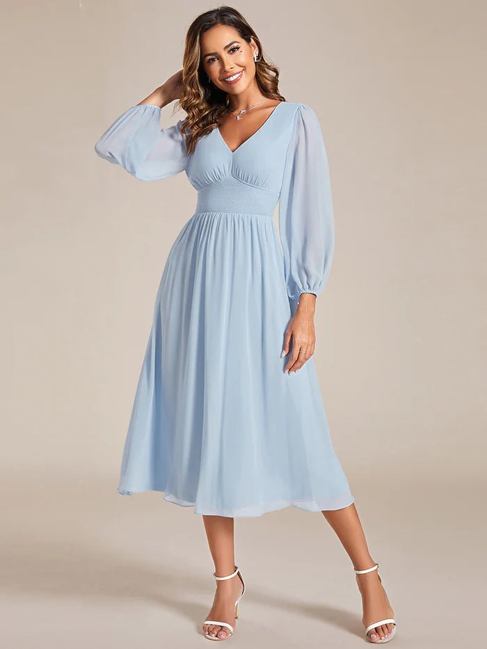 Knee Length Long Sleeves Chiffon Wedding Guest Dresses - CALABRO®