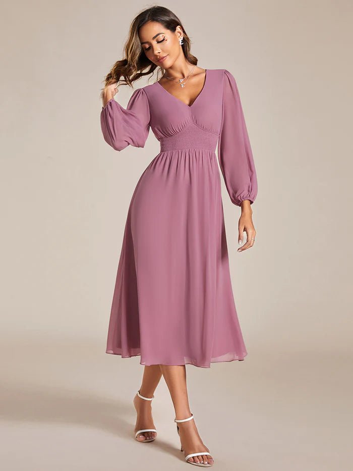 Knee Length Long Sleeves Chiffon Wedding Guest Dresses - CALABRO®