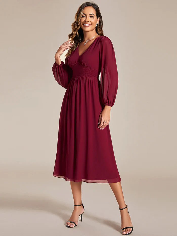 Knee Length Long Sleeves Chiffon Wedding Guest Dresses - CALABRO®