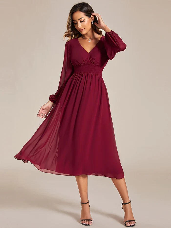 Knee Length Long Sleeves Chiffon Wedding Guest Dresses - CALABRO®