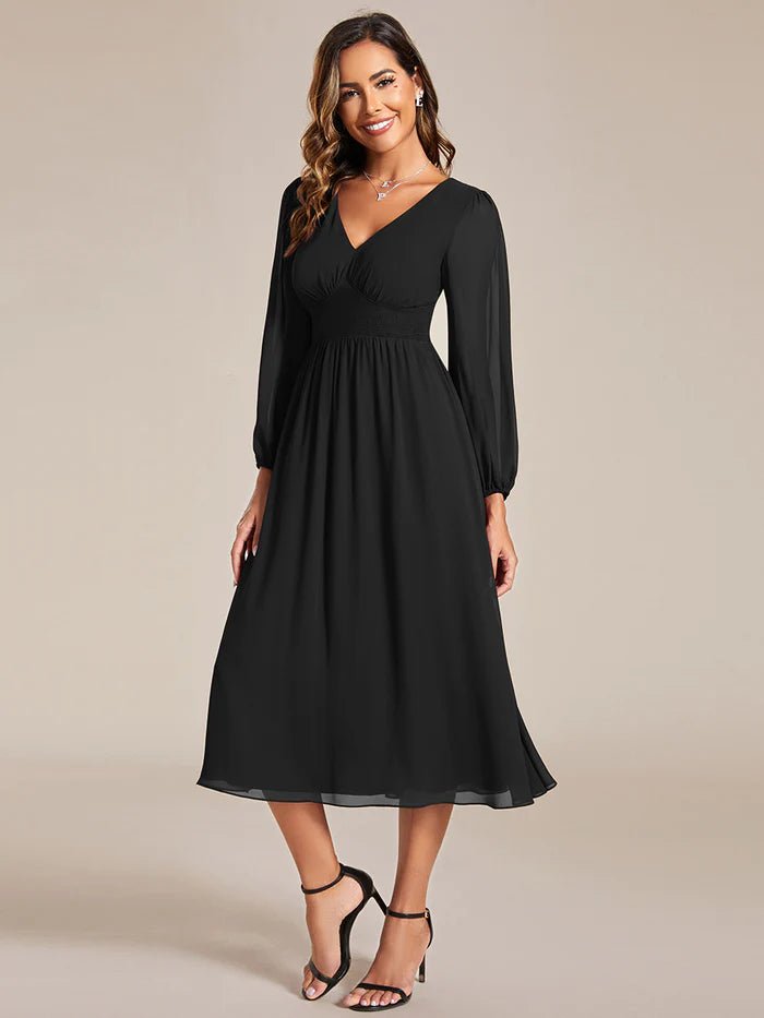 Knee Length Long Sleeves Chiffon Wedding Guest Dresses - CALABRO®