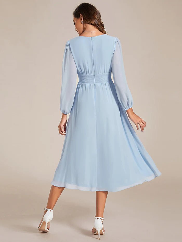 Knee Length Long Sleeves Chiffon Wedding Guest Dresses - CALABRO®