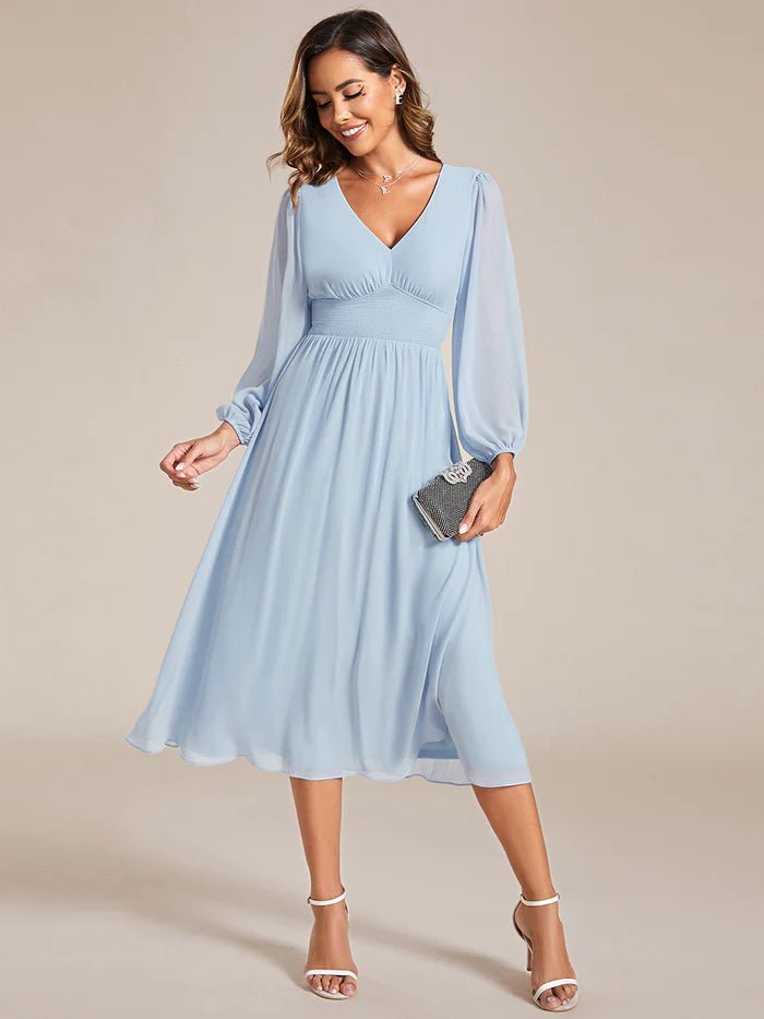 Knee Length Long Sleeves Chiffon Wedding Guest Dresses - CALABRO®