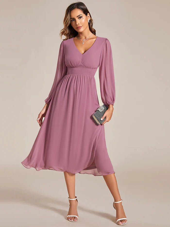 Knee Length Long Sleeves Chiffon Wedding Guest Dresses - CALABRO®