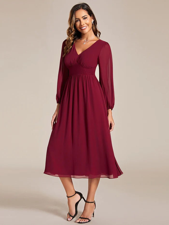 Knee Length Long Sleeves Chiffon Wedding Guest Dresses - CALABRO®