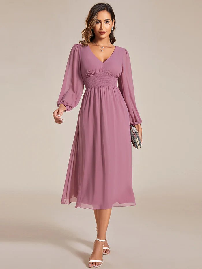 Knee Length Long Sleeves Chiffon Wedding Guest Dresses - CALABRO®