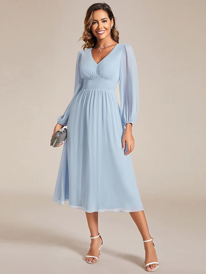 Knee Length Long Sleeves Chiffon Wedding Guest Dresses - CALABRO®