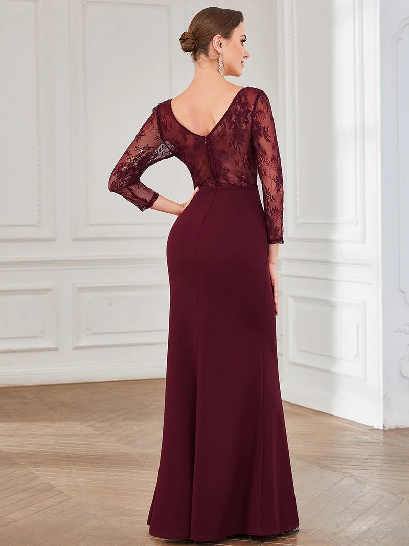 Lace Long Sleeve V-Neck Straight Evening Dress - CALABRO®