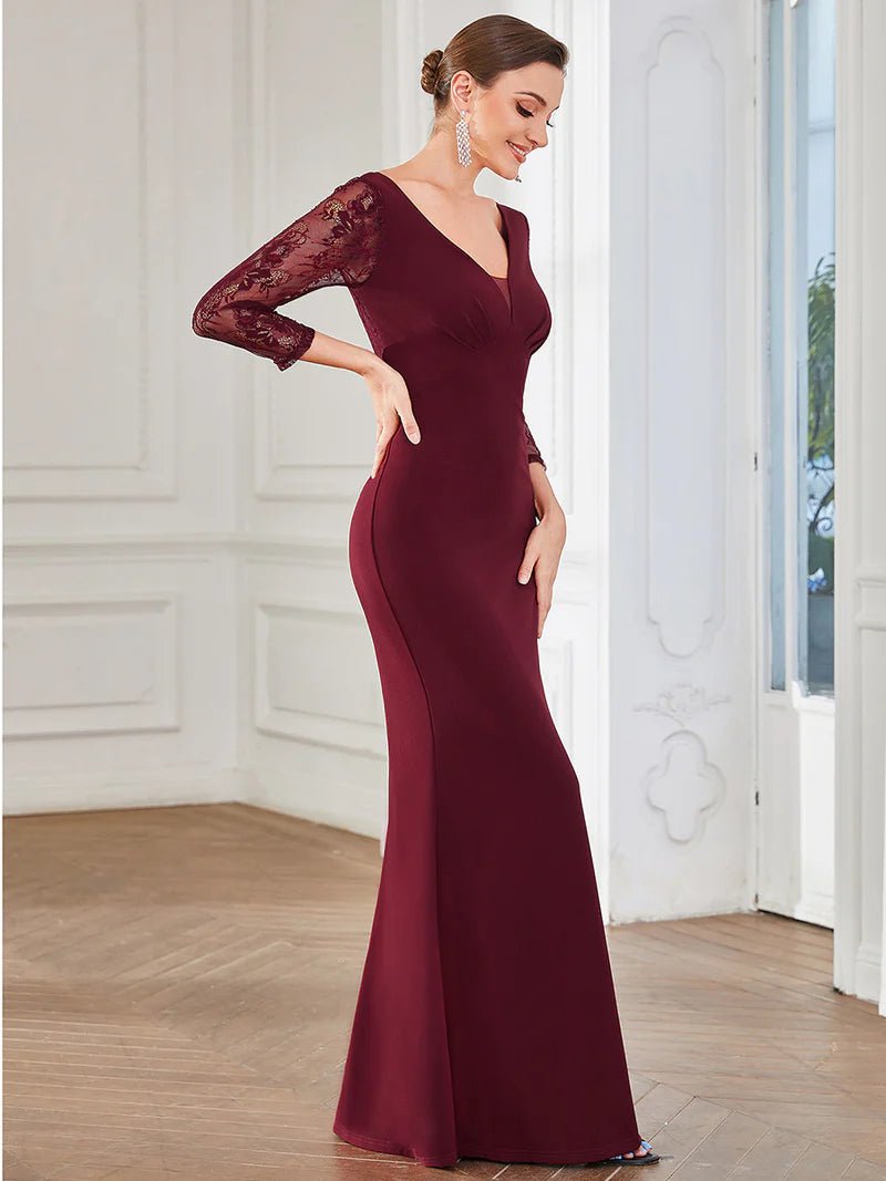 Lace Long Sleeve V-Neck Straight Evening Dress - CALABRO®