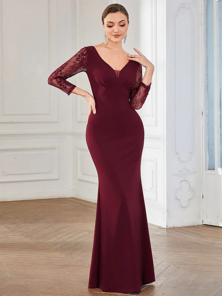 Lace Long Sleeve V-Neck Straight Evening Dress - CALABRO®