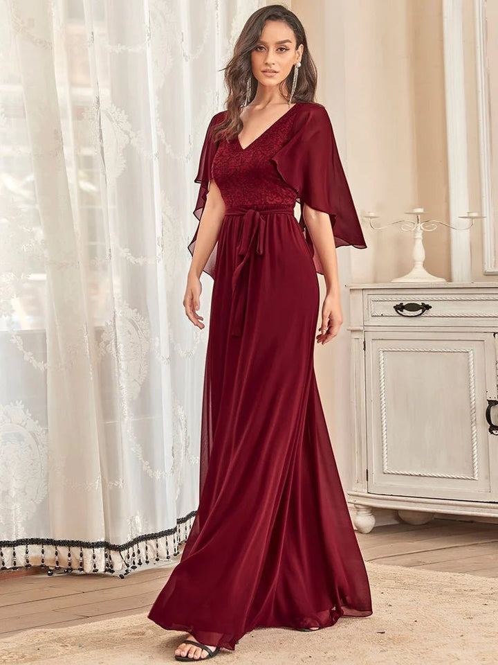 Lace Top Flowy Cape Evening Dress - CALABRO®