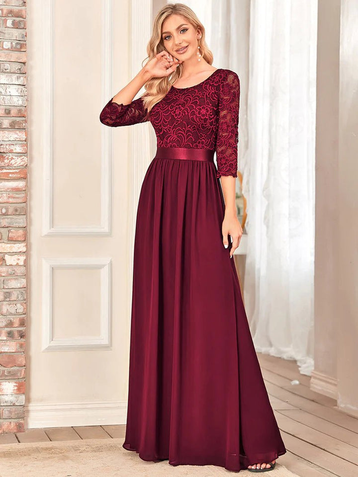 Lace Top Three Quarter Sleeve Flowy Bridesmaid Dress - CALABRO®