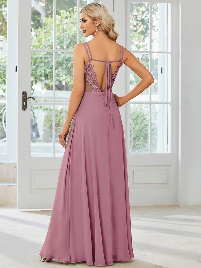 Lace V Back Chiffon Evening Dress - CALABRO®