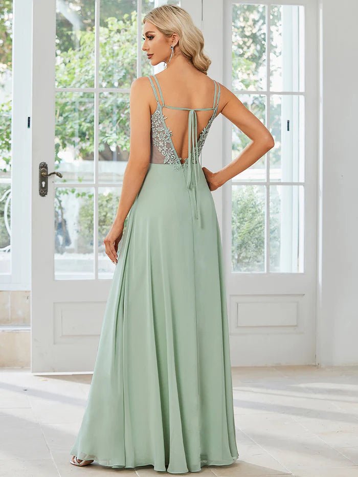 Lace V Back Chiffon Evening Dress - CALABRO®