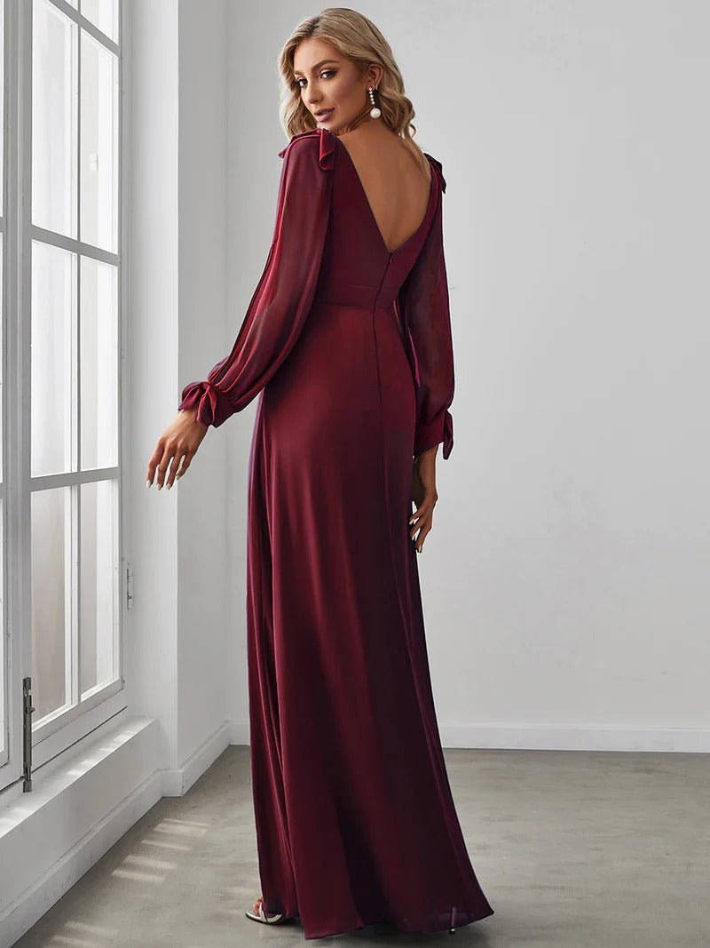 Long Lantern Sleeves A Line V Neck Bridesmaid Dresses - CALABRO®