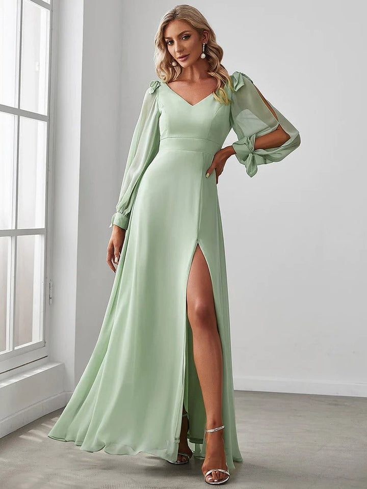 Long Lantern Sleeves A Line V Neck Bridesmaid Dresses - CALABRO®