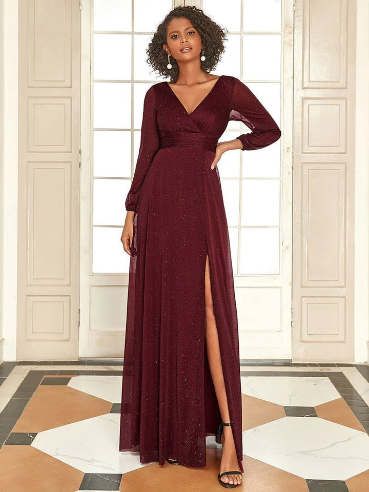 Long Sleeve V-Neck Thigh Slit Bridesmaid Dress - CALABRO®