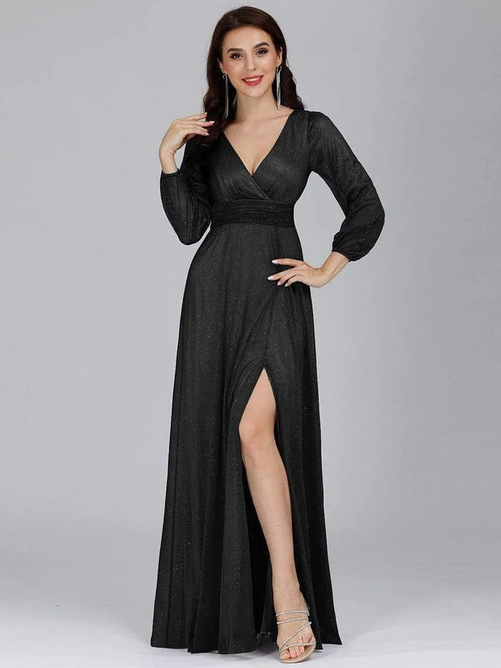 Long Sleeve V-Neck Thigh Slit Bridesmaid Dress - CALABRO®