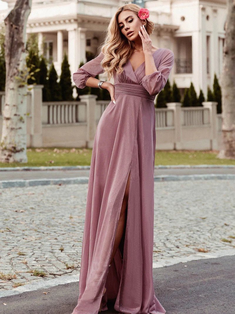 Long Sleeve V-Neck Thigh Slit Bridesmaid Dress - CALABRO®