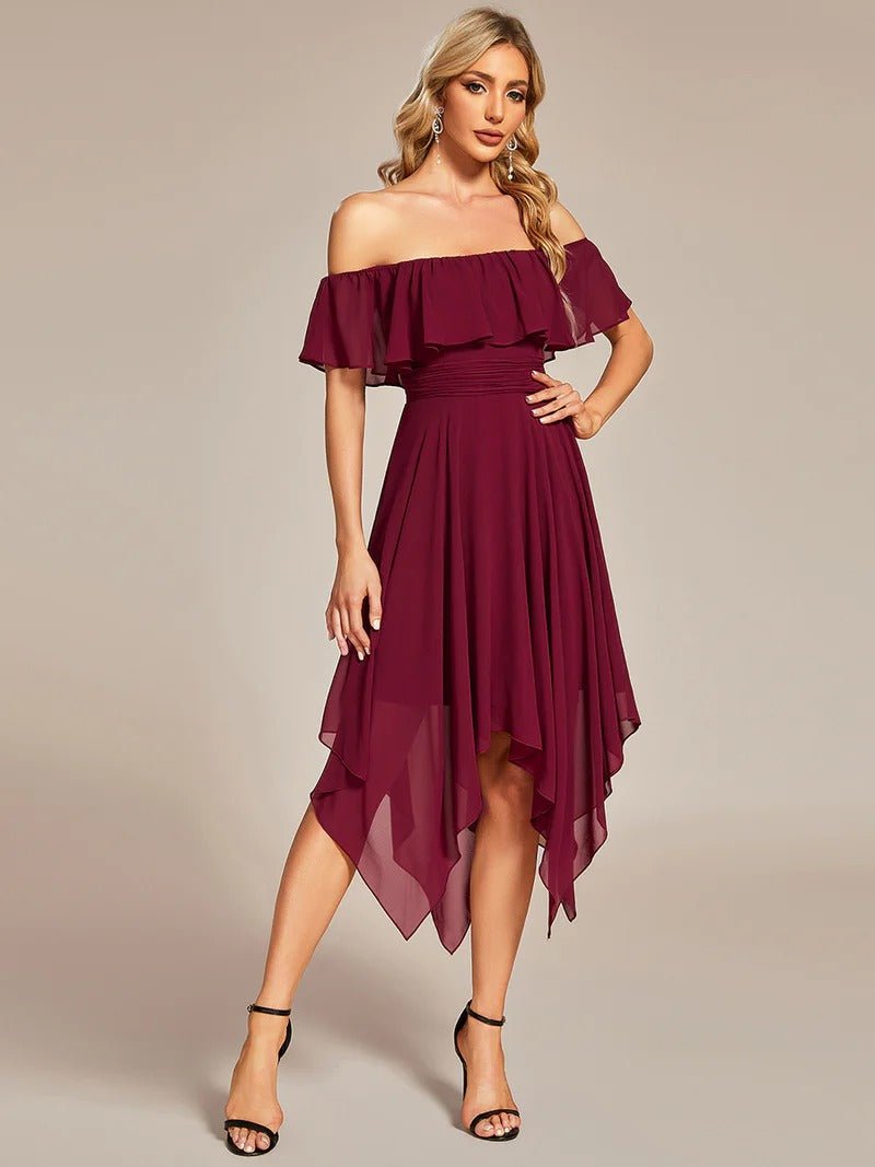 Off Shoulder Asymmetrical Hem Chiffon Bridesmaid Dresses - CALABRO®