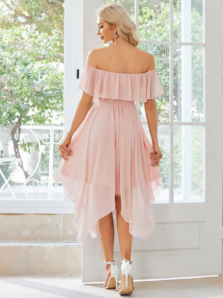 Off Shoulder Asymmetrical Hem Chiffon Bridesmaid Dresses - CALABRO®